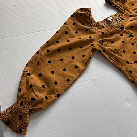 Madewell Corduroy Polka Dot Puff Sleeve Button-Up Top in Caramel Size 6 - Picture 8 of 9
